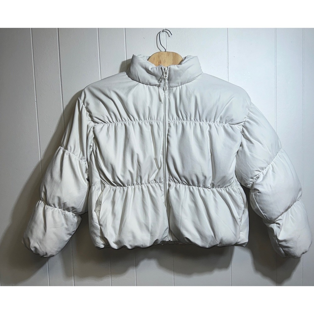 PacSun Womens White Quilted Cropped Puffer Jacket Size Large Zip‎ Elastic Waist